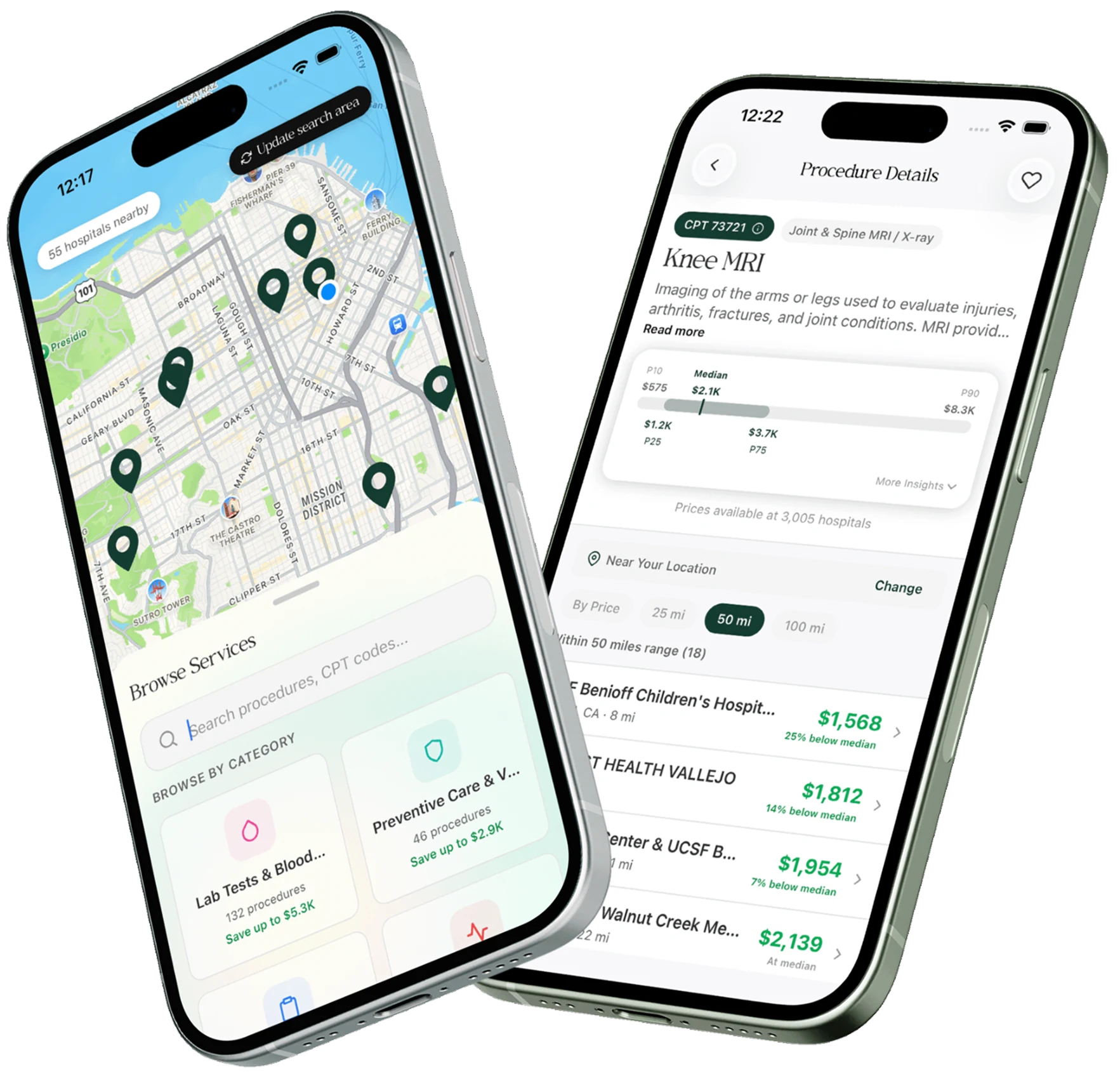 Two Curea app screens shown on angled iPhone mockups: a map with nearby hospital pins, and a procedure detail view for a Knee MRI comparing prices across hospitals.