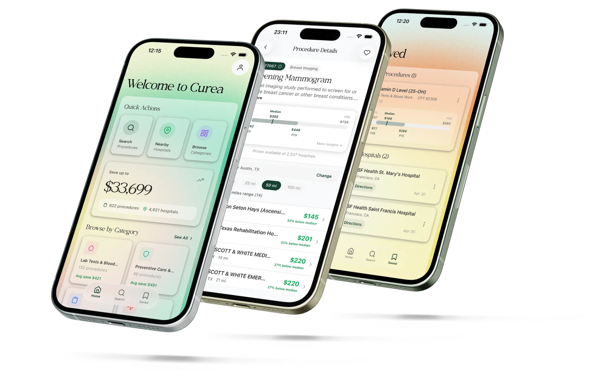 Three iPhones showing Curea screens: the home dashboard, a procedure details view with median prices, and a saved list of hospitals and procedures.